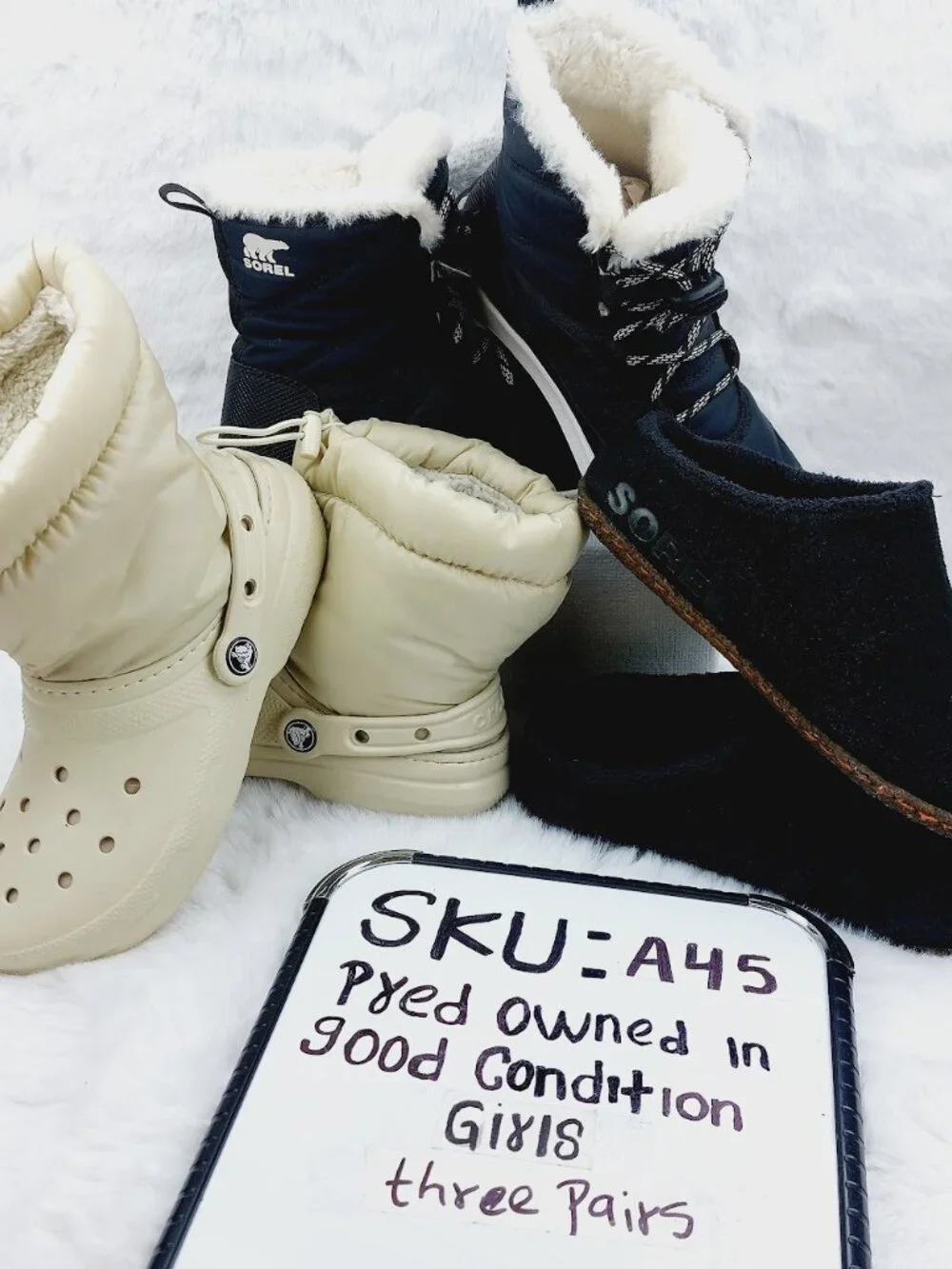 Set of 3 Sorel Crocs Girl's Black Cream Faux-Fur Snow Winter Boots Size US 3